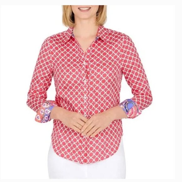 Ruby Rd Womens Shirt Size 10 Red Geo Preppy Print Long Sleeve Button Up - Picture 3 of 10